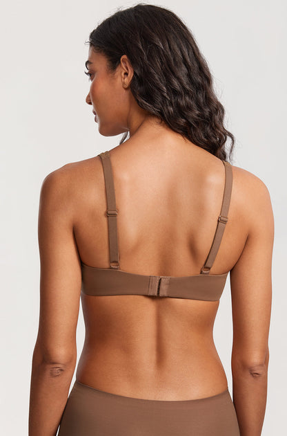 Back view of the Chocolate bra - rows of hooks and eyes, strap sliders and a flat band