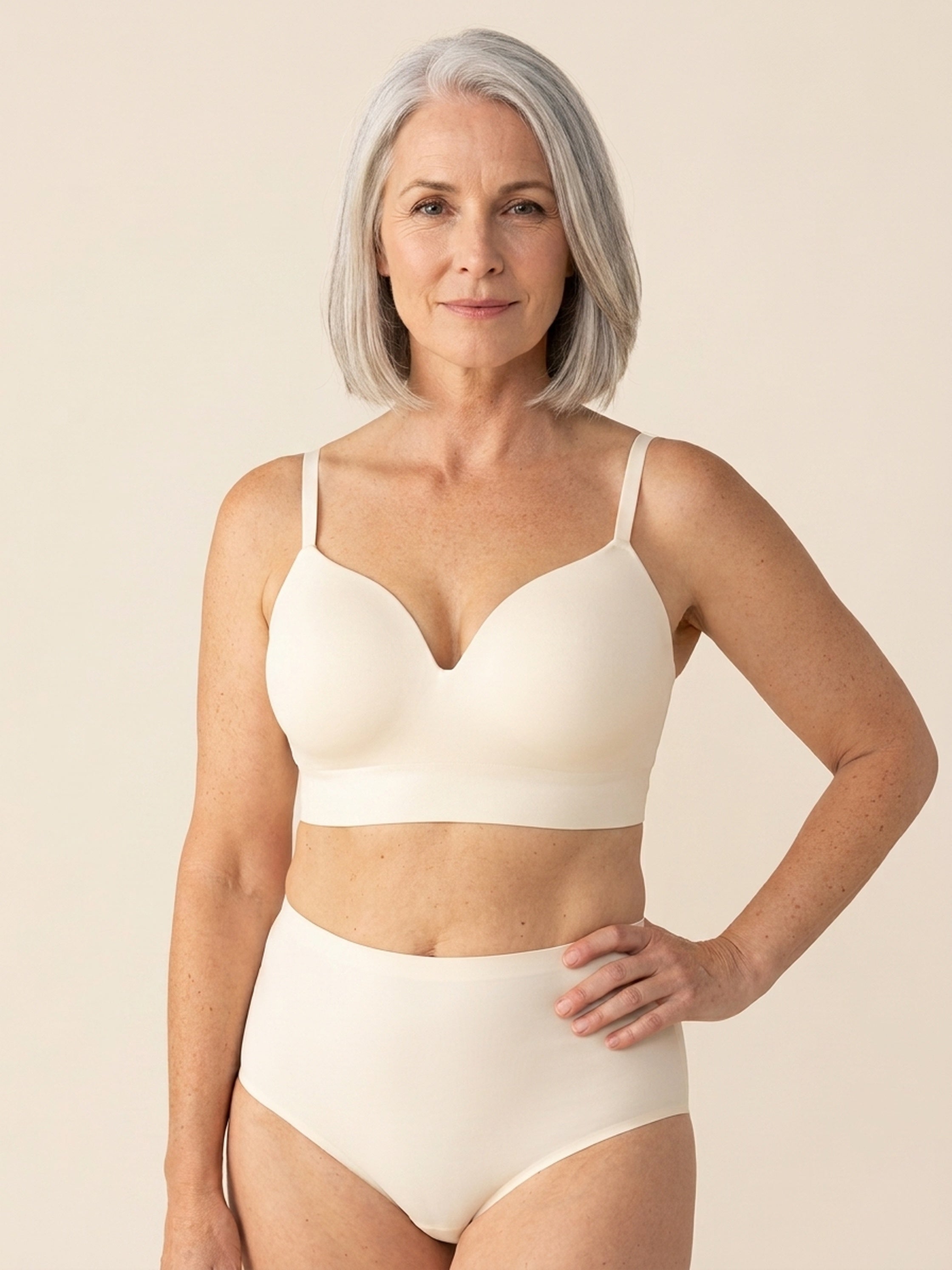 Snug wireless shaping bra in chai, front view on a size 36DDD body