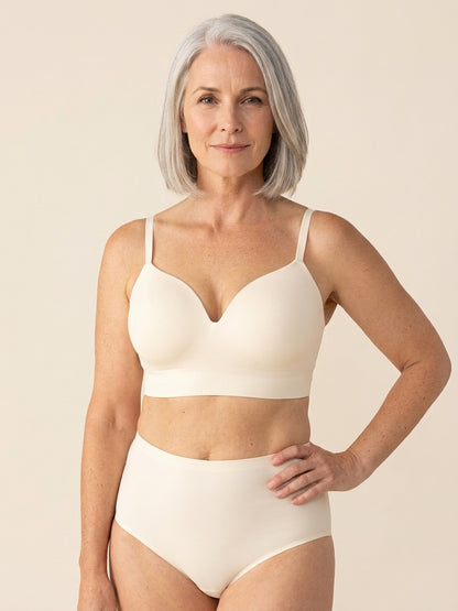 Snug wireless shaping bra in chai, front view on a size 36DDD body