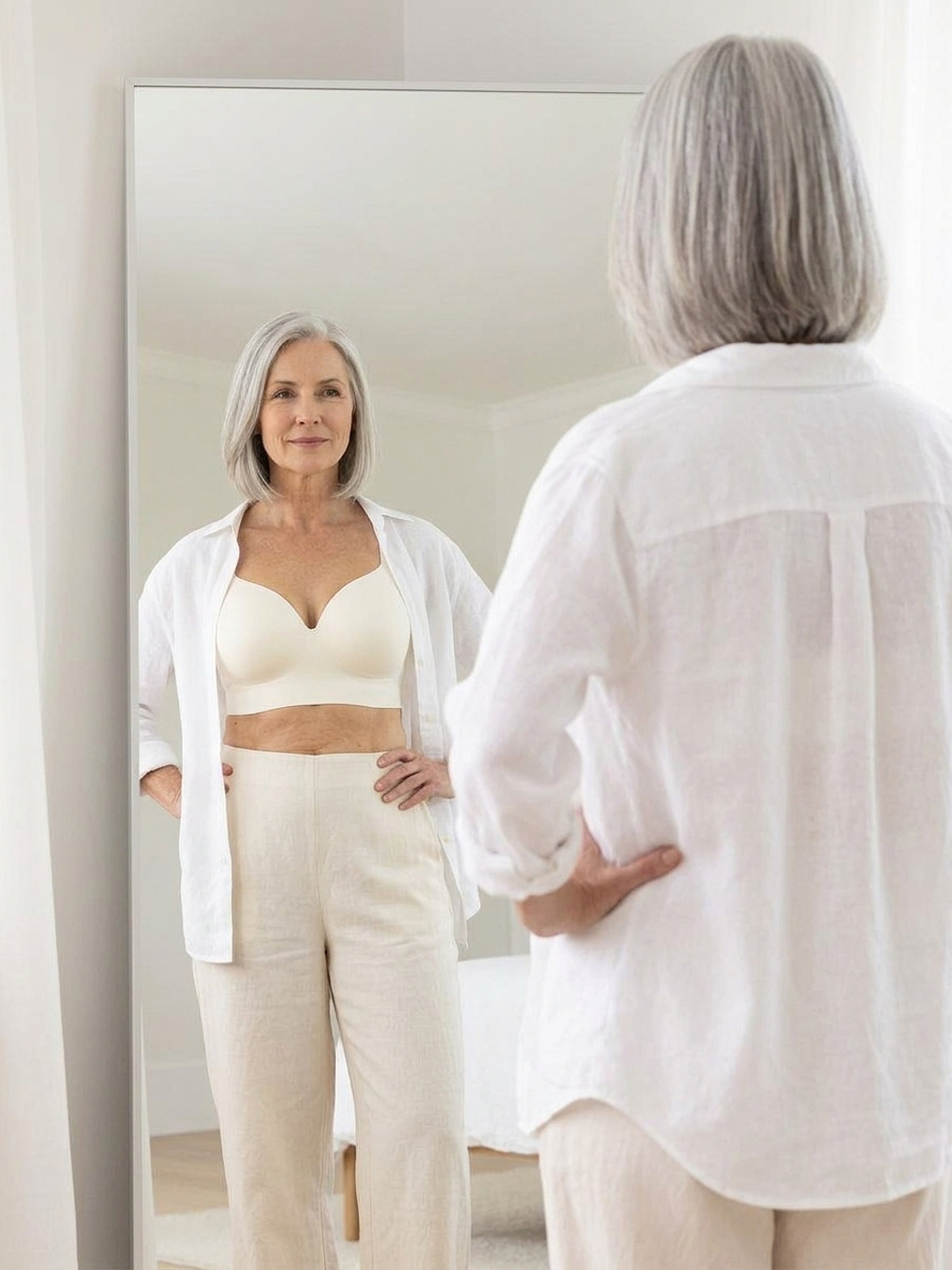 Chai bra under an open linen shirt, seen in a mirror