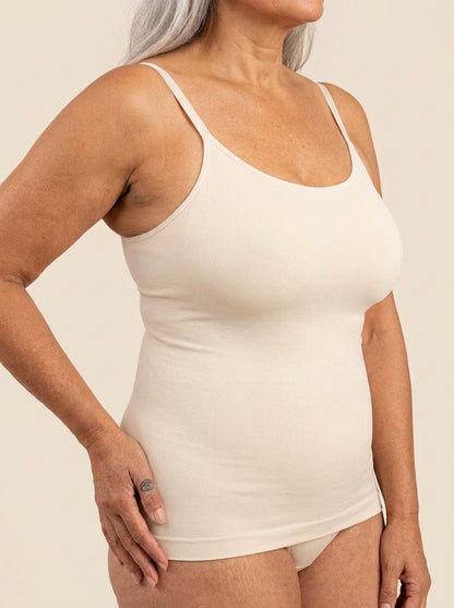 Snug scoop-neck shaping cami in chai, three-quarter view