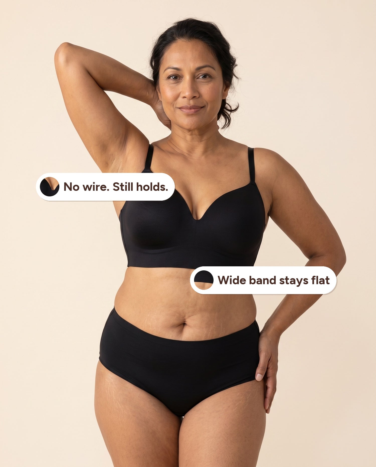Snug wireless shaping bra shown with feature callouts