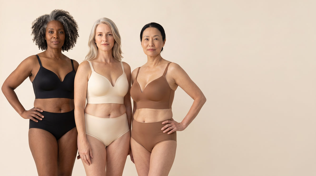 Three women wearing the Snug wireless shaping bra