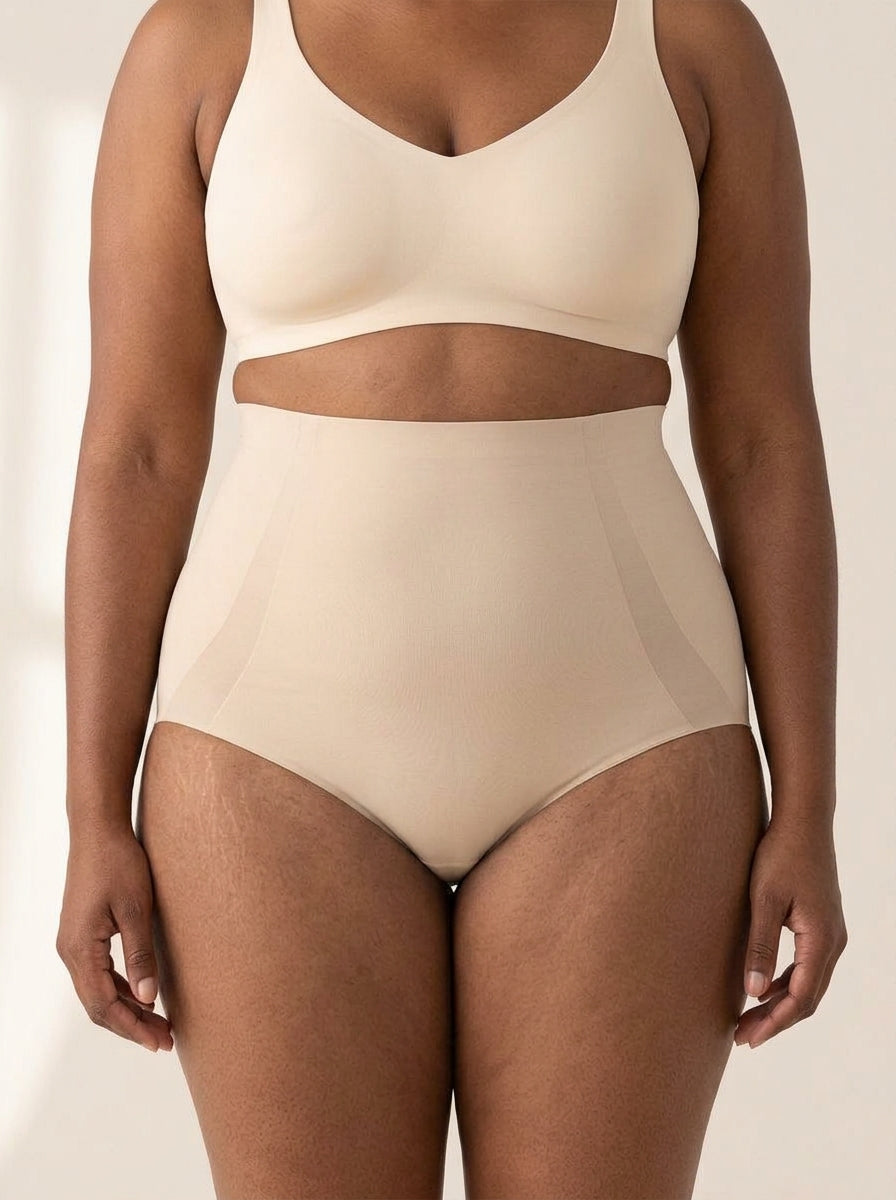 Snug high-waisted shaper panty in chai, front view