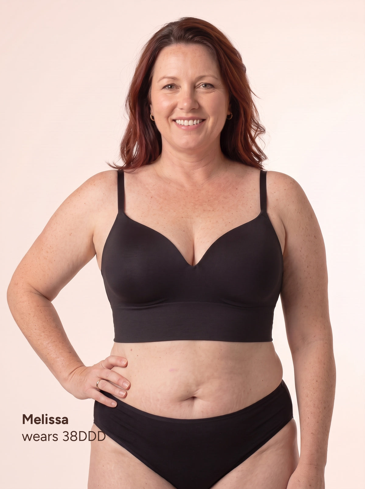 Melissa wears 38DDD — full-length front view in the Black bra and matching brief