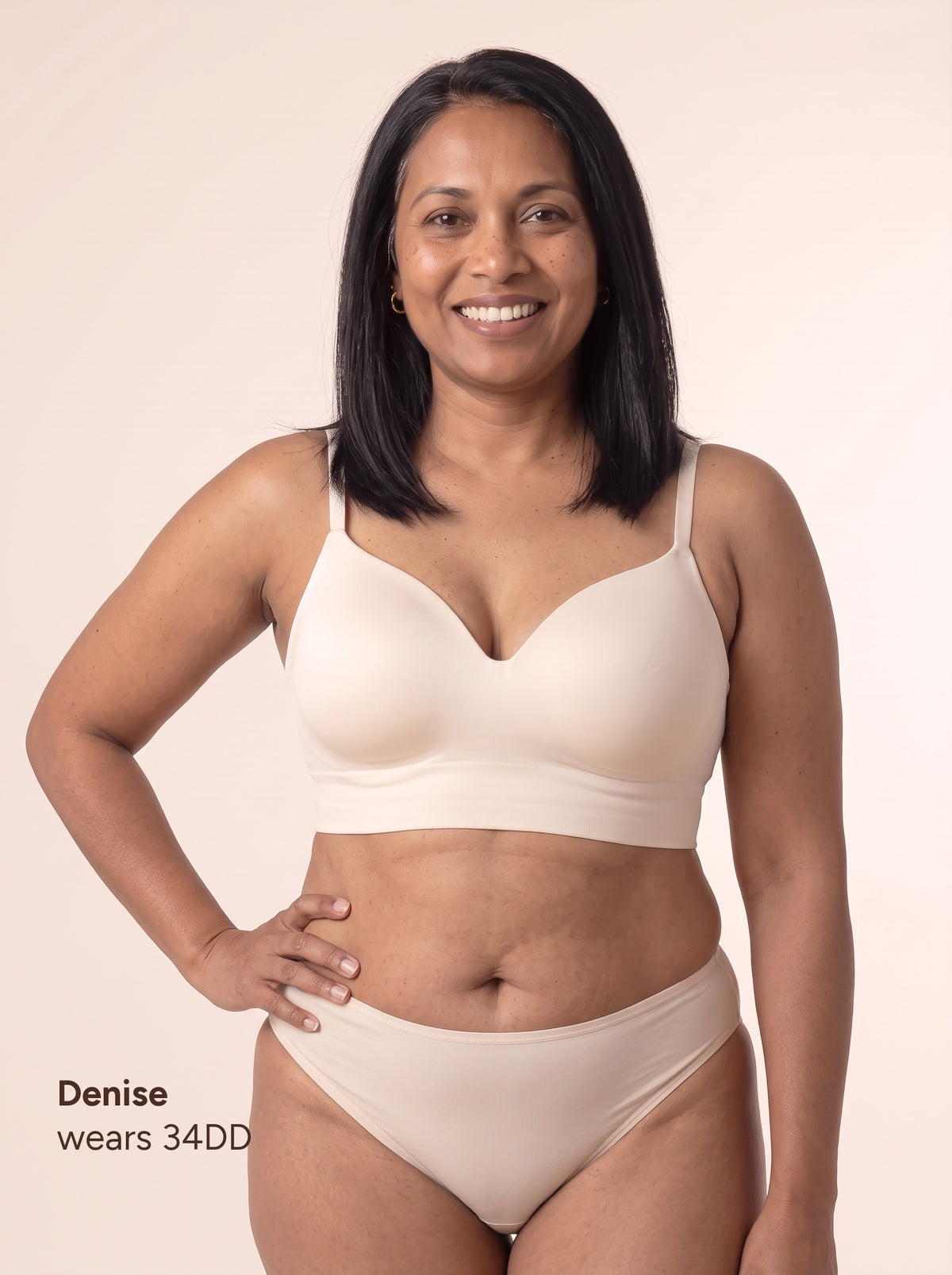 Denise wears 34DD — full-length front view in the Chai bra and matching brief