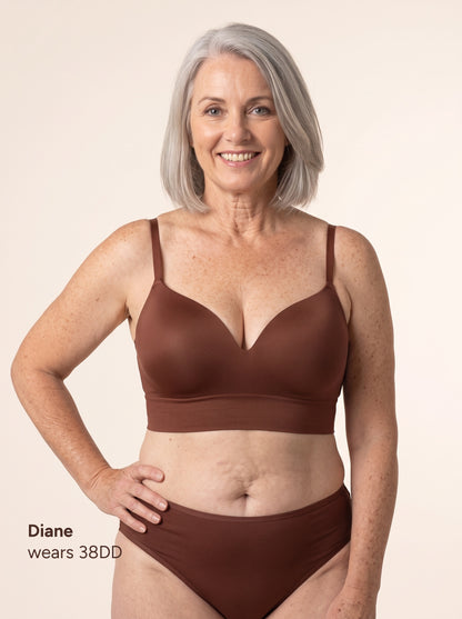 Diane wears 38DD — full-length front view in the Chocolate bra and matching brief
