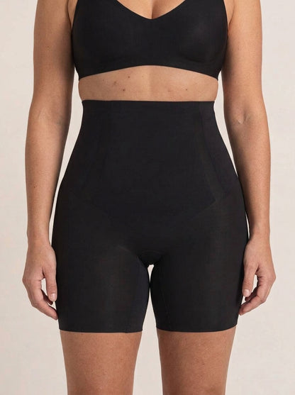 Snug high-waisted shaper shorts in black, front view