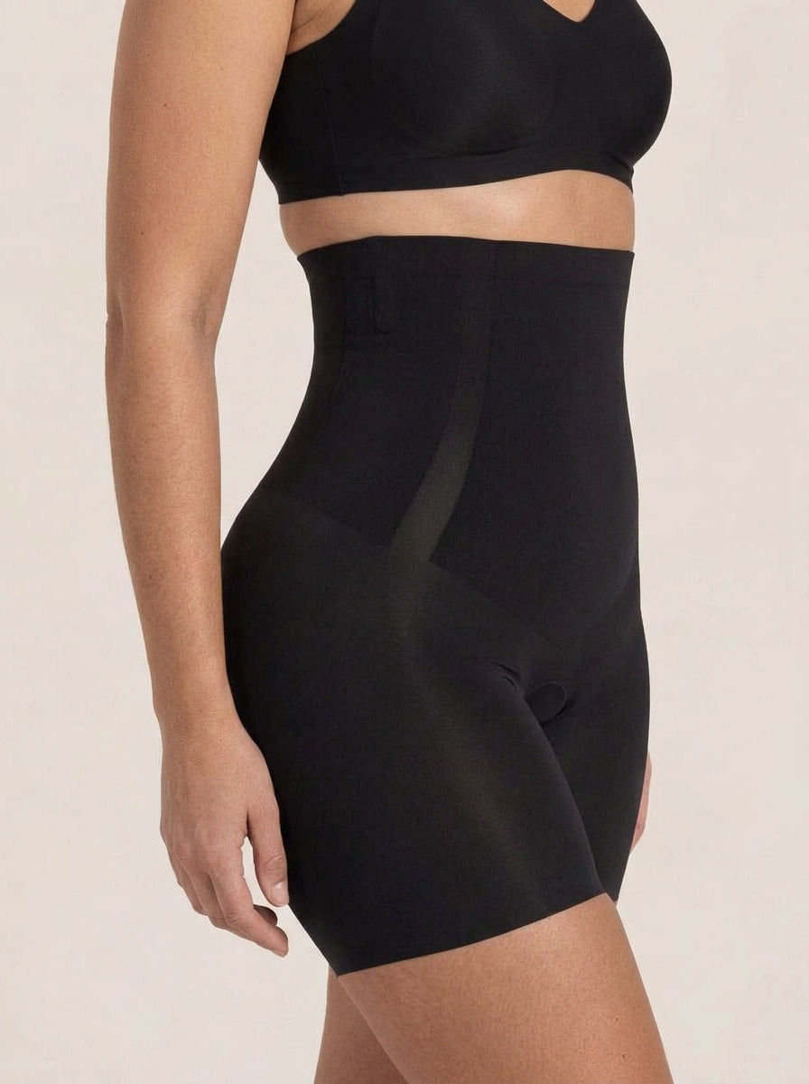 Snug high-waisted shaper shorts in black, side view