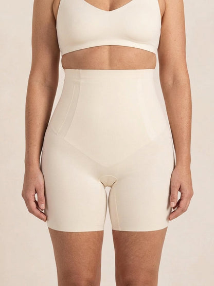 Snug high-waisted shaper shorts in chai, front view